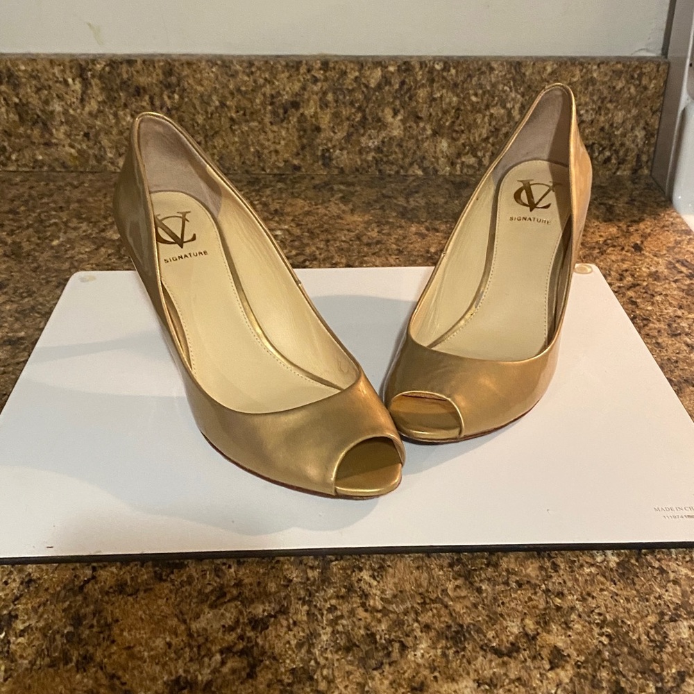 Vince Camuto Metallic Gold Peep-Toe Heels